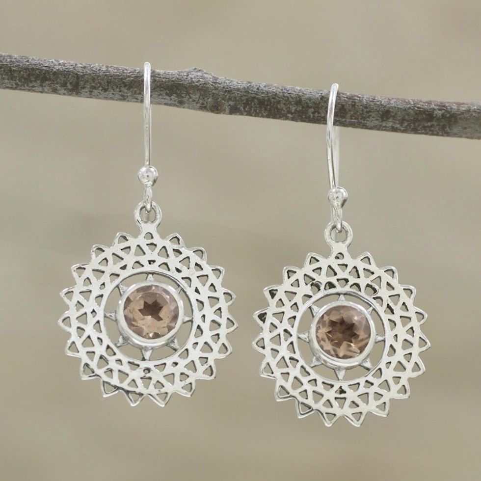 Citrine and Silver Triangle Motif Dangle Earrings from India 'Triangular Sun Rays'