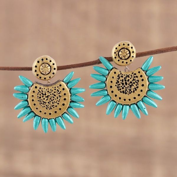 Alternate image for Corona Motif Ceramic Dangle Earrings Crafted in India Green Coronas