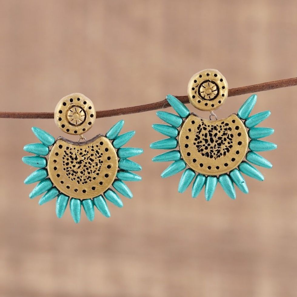 Corona Motif Ceramic Dangle Earrings Crafted in India 'Green Coronas'