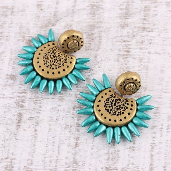 Alternate image for Corona Motif Ceramic Dangle Earrings Crafted in India Green Coronas