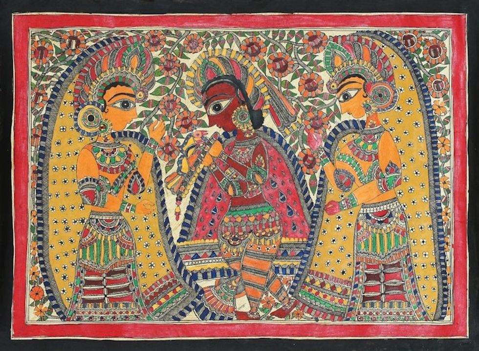 Authentic Signed Madhubani Folk Art Painting of Krishna 'Euphoria'