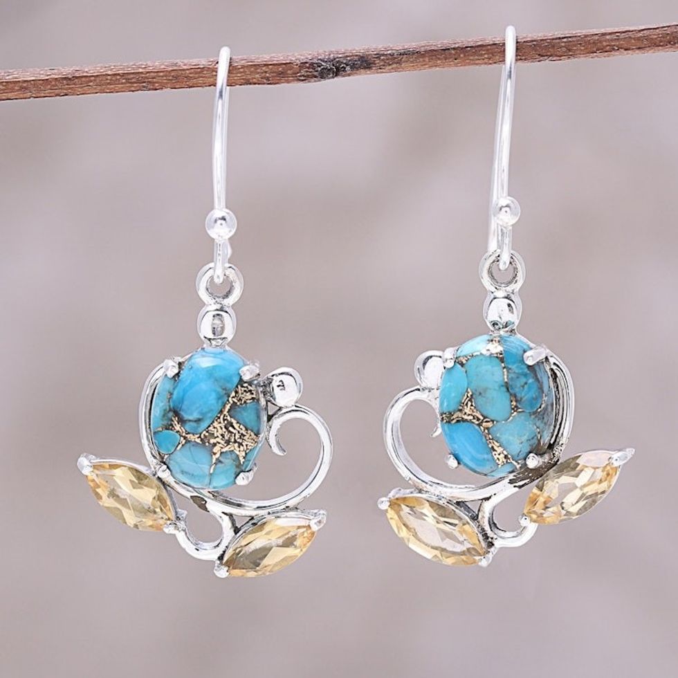 Citrine and Composite Turquoise Flower Dangle Earrings 'Golden Blooms'