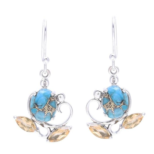 Alternate image for Citrine and Composite Turquoise Flower Dangle Earrings Golden Blooms
