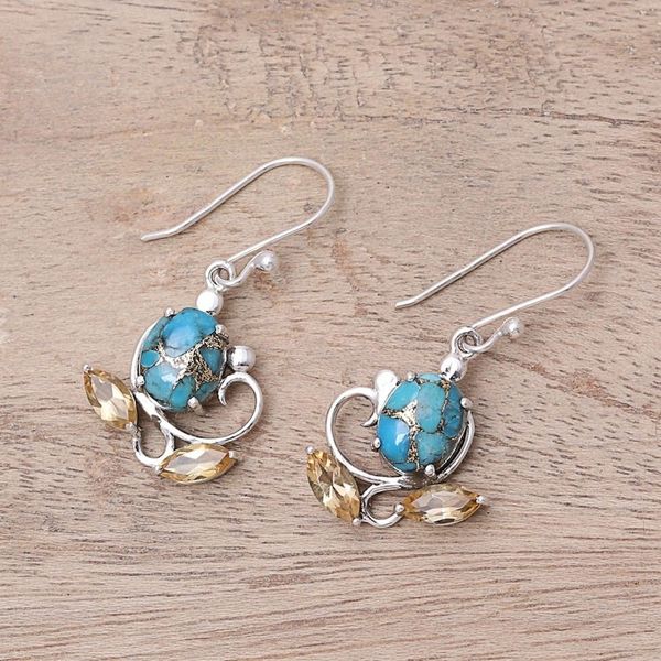 Alternate image for Citrine and Composite Turquoise Flower Dangle Earrings Golden Blooms