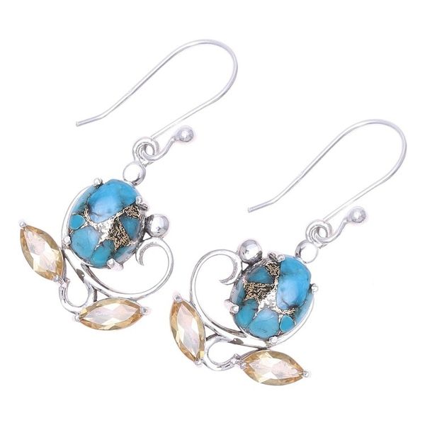 Alternate image for Citrine and Composite Turquoise Flower Dangle Earrings Golden Blooms
