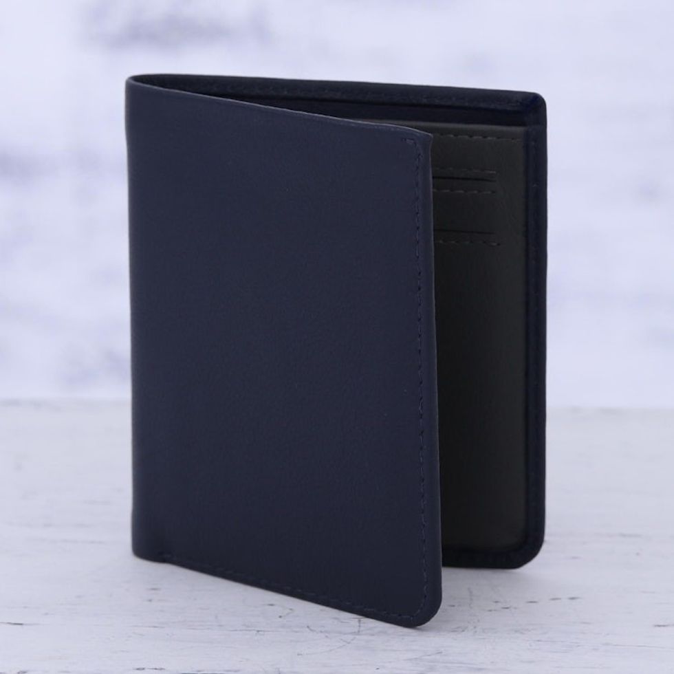 Sleek Navy Blue Leather Wallet from India 'Noble Navy'