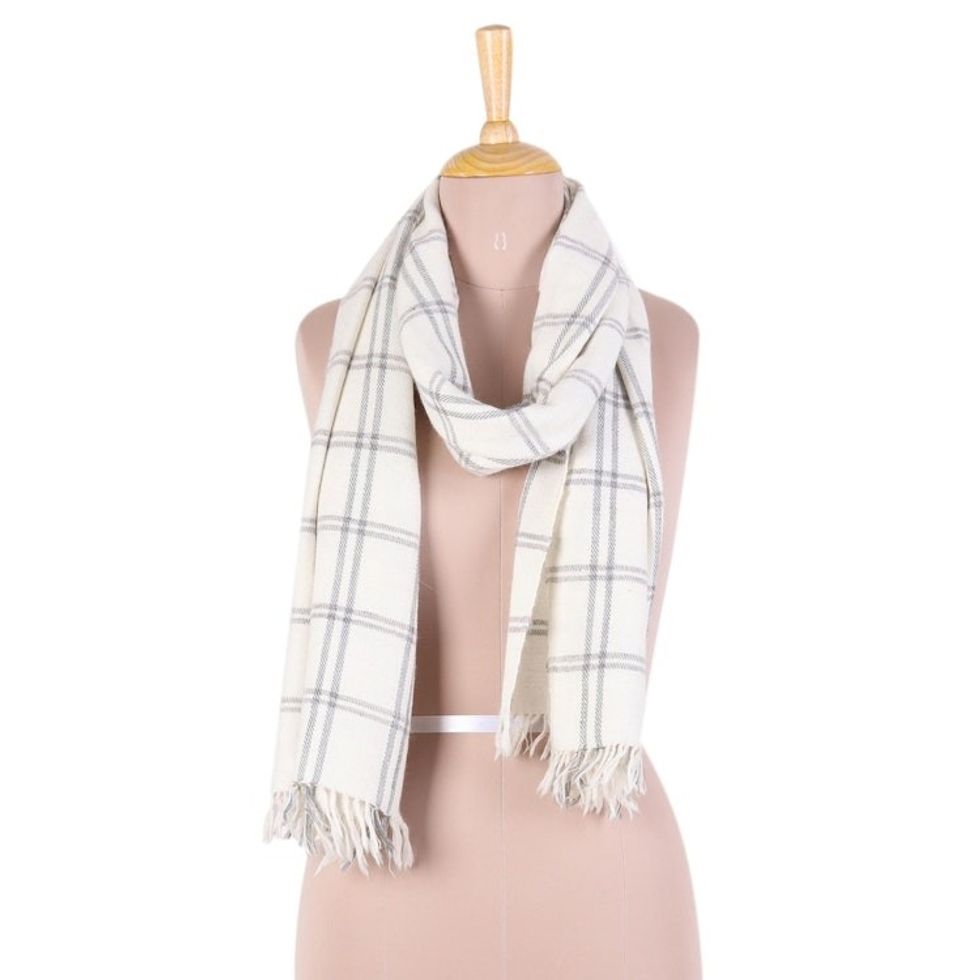 Hand Woven Eggshell Wool Blend Checkered Scarf from India 'Himalayan Journey'