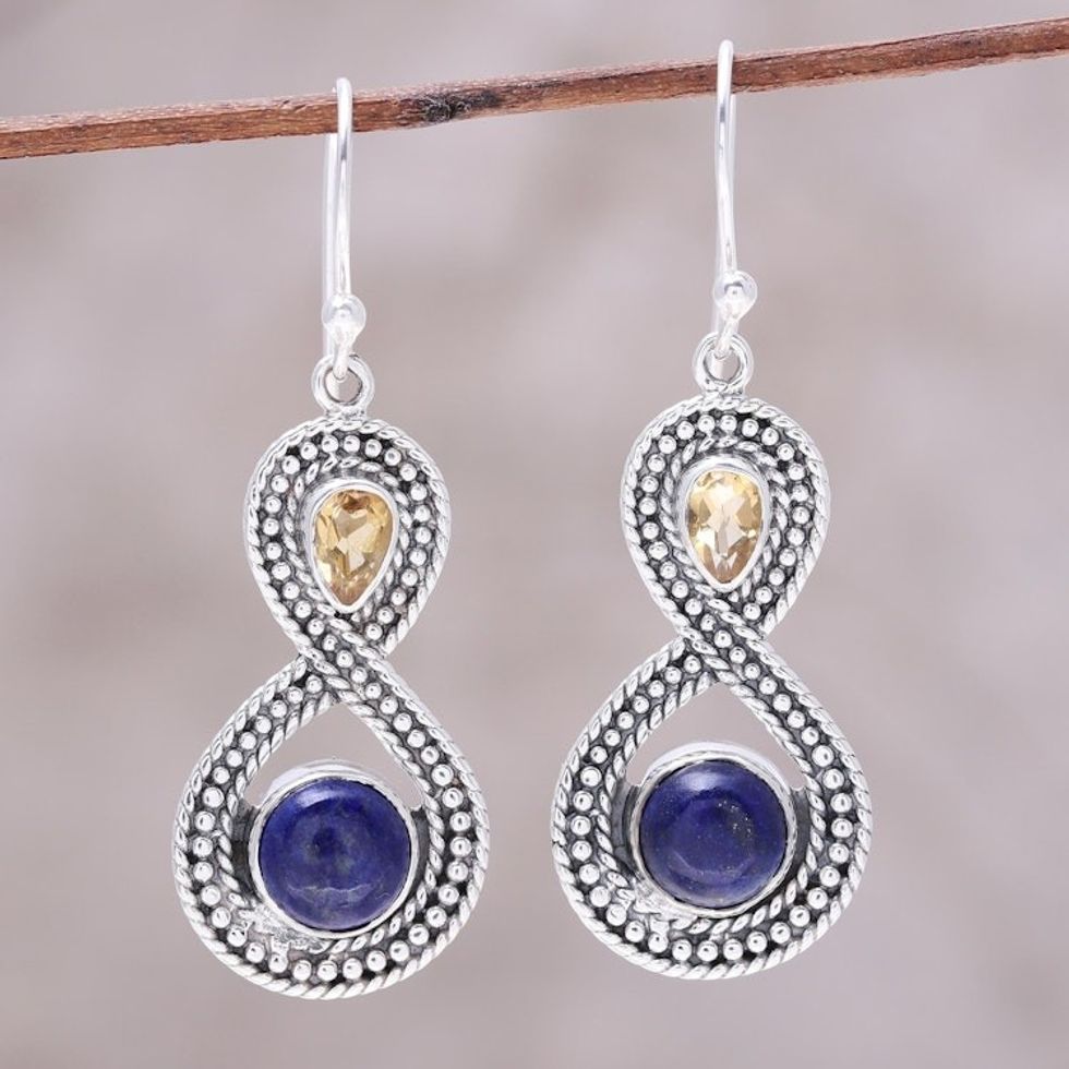 Citrine and Lapis Lazuli Sterling Silver Dangle Earrings 'Starlit Sky'