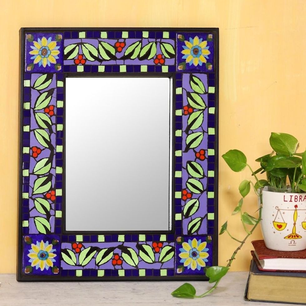 Ceramic Wall Mirror with Sun and Leaf Mosaic from India 'Sunny Leaves'