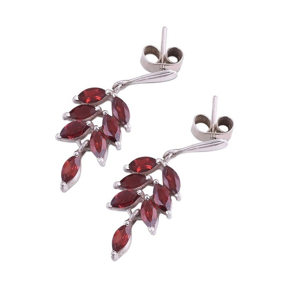 Garnet and Rhodium Plated Silver Dangle Earrings 'On the Vine'