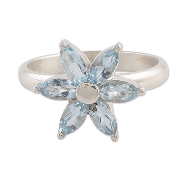 Alternate image for Blue Topaz and Sterling Silver Floral Ring from India Sparkling Daisy