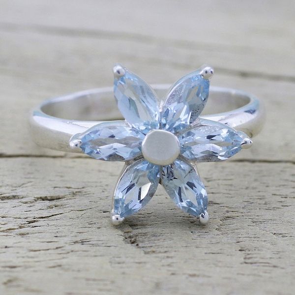 Alternate image for Blue Topaz and Sterling Silver Floral Ring from India Sparkling Daisy