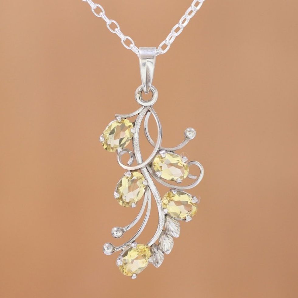 Handcrafted Rhodium Plated Citrine Pendant Necklace 'Shimmering Blossoms'