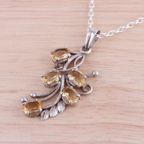Alternate image for Handcrafted Rhodium Plated Citrine Pendant Necklace Shimmering Blossoms