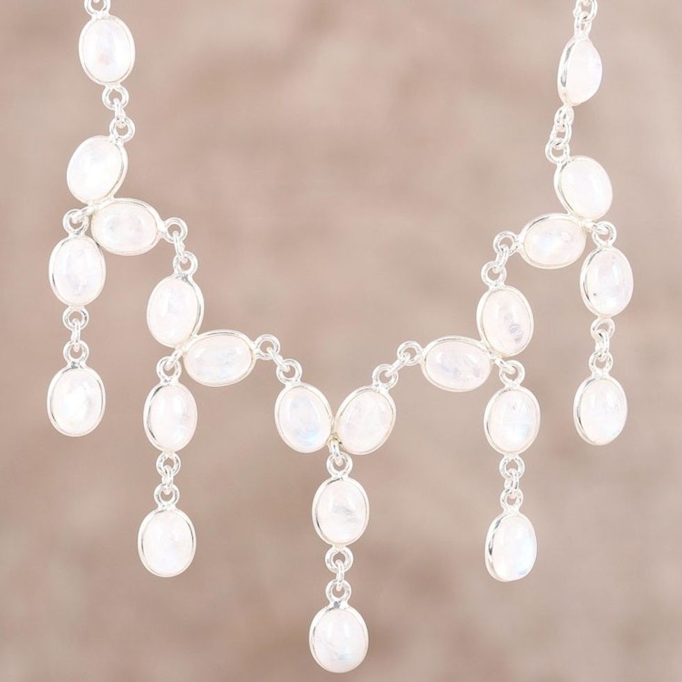 Rainbow Moonstone Sterling Silver Waterfall Necklace 'Luxurious Luster'
