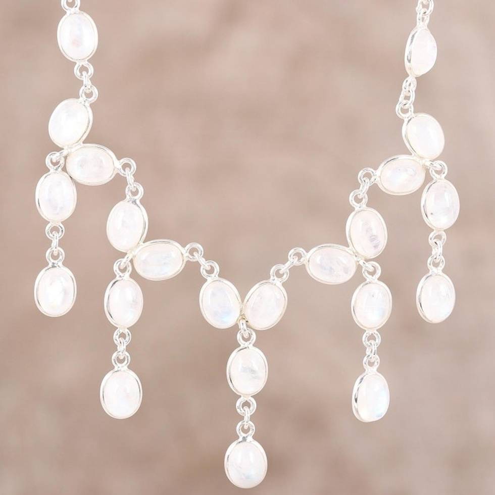 Rainbow Moonstone Sterling Silver Waterfall Necklace 'Luxurious Luster'