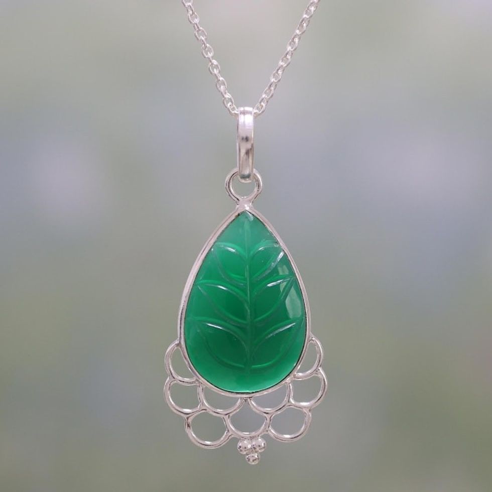 Green Onyx and Sterling Silver Pendant Necklace from India 'Verdant Magnificence'
