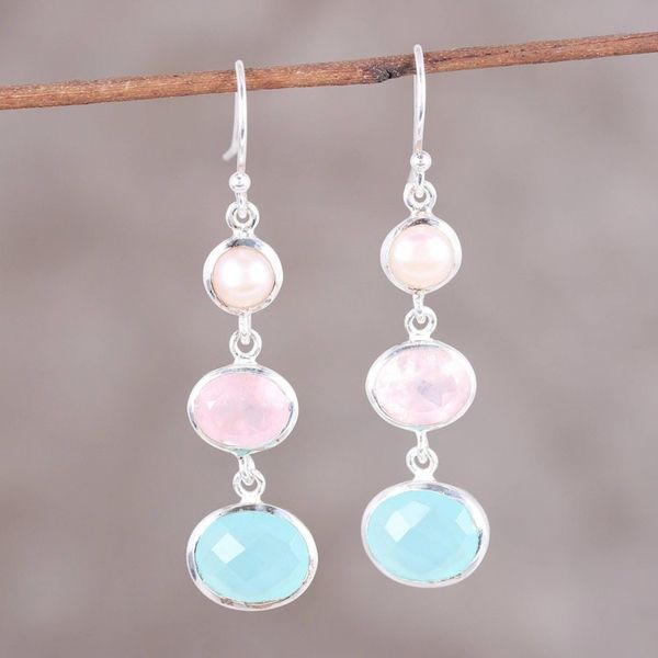 Alternate image for Chalcedony Rose Quartz and Pearl Earrings from India Lovely Trio