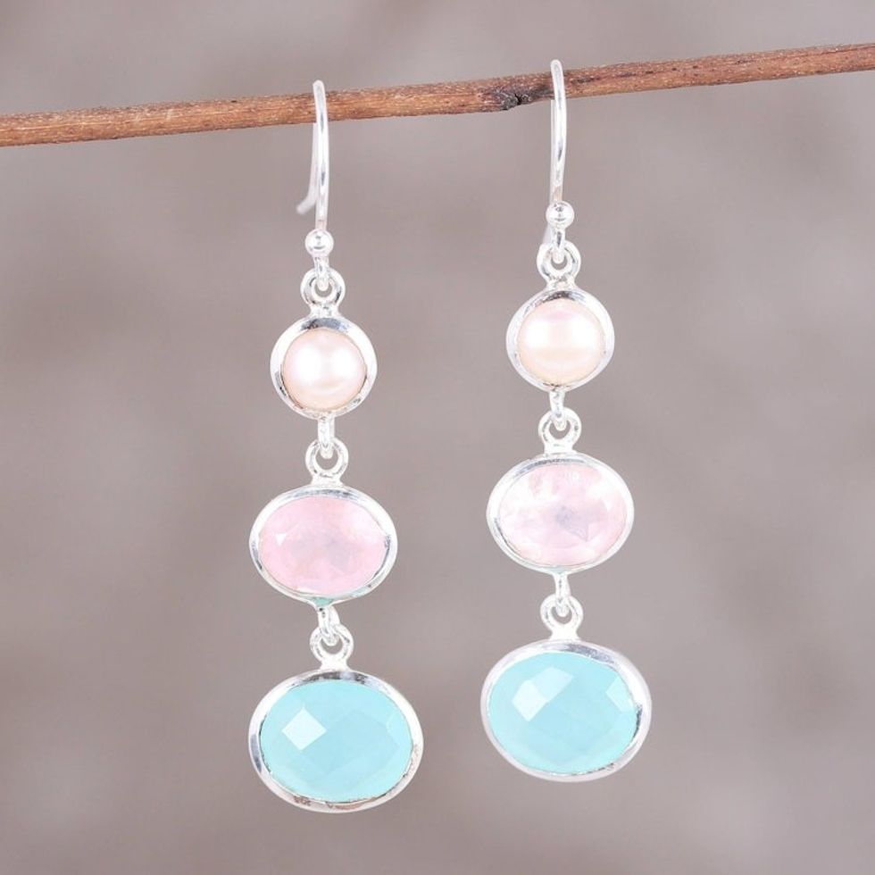 Chalcedony Rose Quartz and Pearl Earrings from India 'Lovely Trio'
