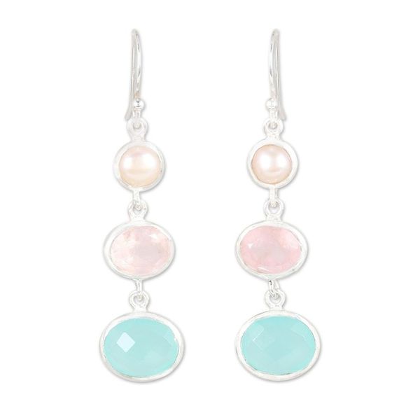 Alternate image for Chalcedony Rose Quartz and Pearl Earrings from India Lovely Trio