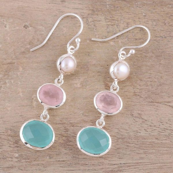 Alternate image for Chalcedony Rose Quartz and Pearl Earrings from India Lovely Trio