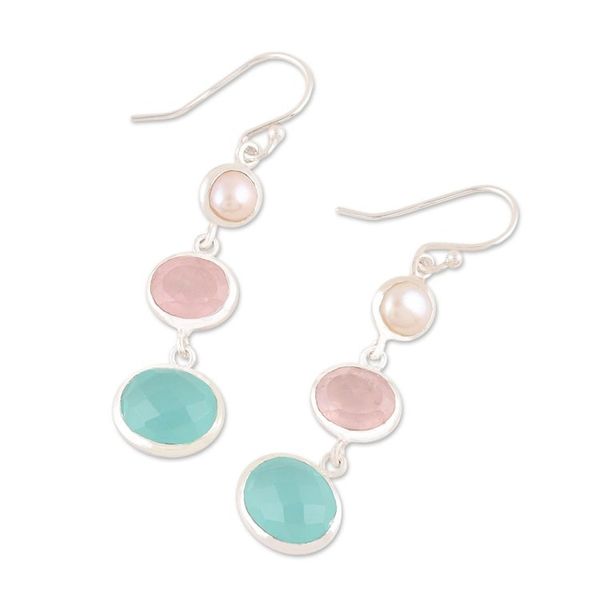Alternate image for Chalcedony Rose Quartz and Pearl Earrings from India Lovely Trio