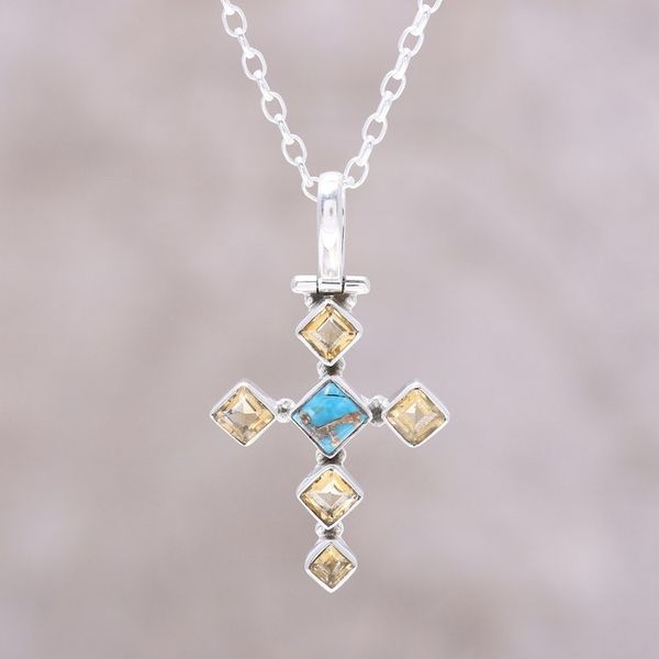 Alternate image for Citrine and Composite Turquoise Cross Pendant Necklace Sunny Cross
