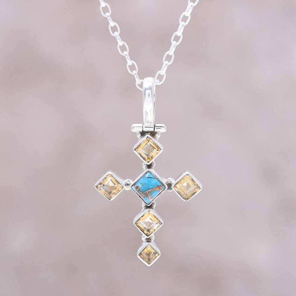 Citrine and Composite Turquoise Cross Pendant Necklace 'Sunny Cross'