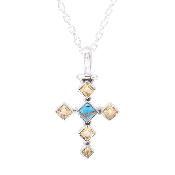 Alternate image for Citrine and Composite Turquoise Cross Pendant Necklace Sunny Cross
