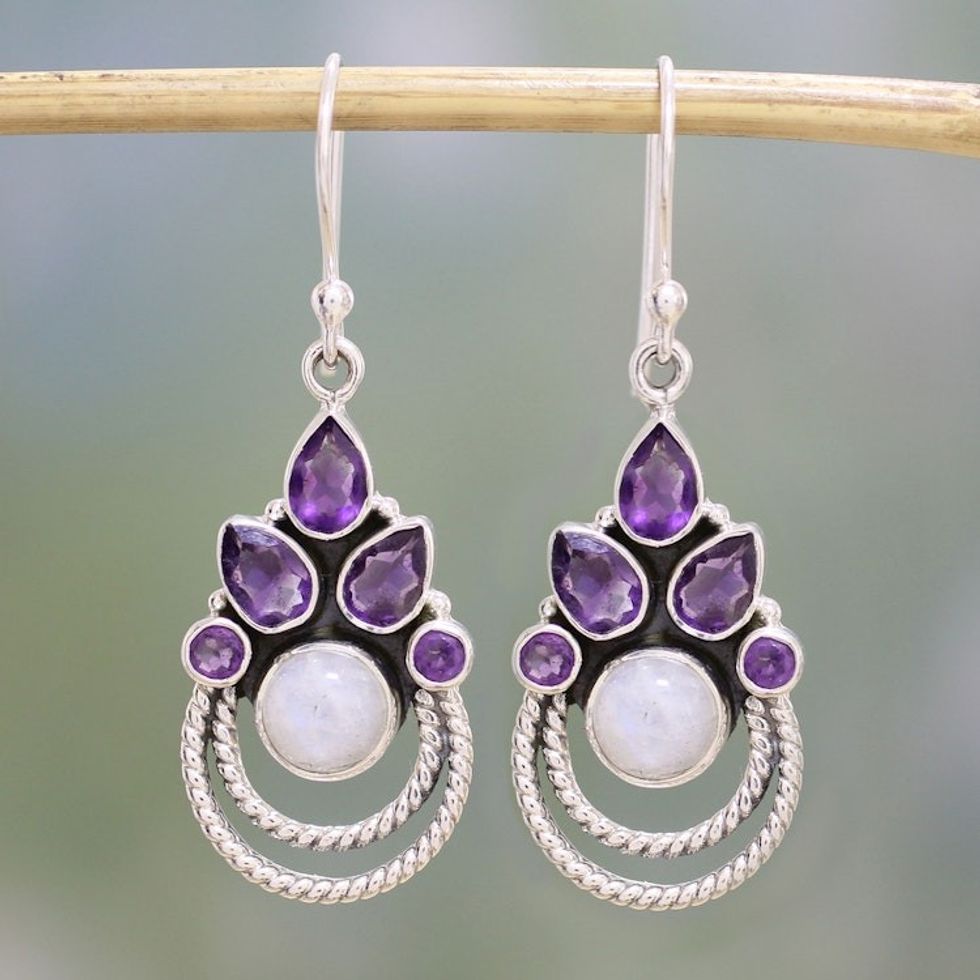 Amethyst and Rainbow Moonstone Dangle Earrings from India 'Exotic Crowns'