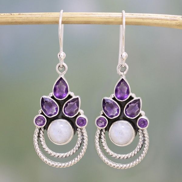 Alternate image for Amethyst and Rainbow Moonstone Dangle Earrings from India Exotic Crowns