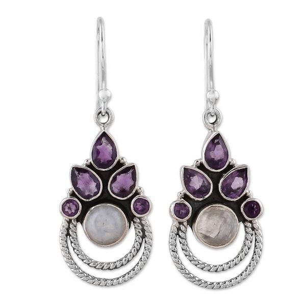 Alternate image for Amethyst and Rainbow Moonstone Dangle Earrings from India Exotic Crowns