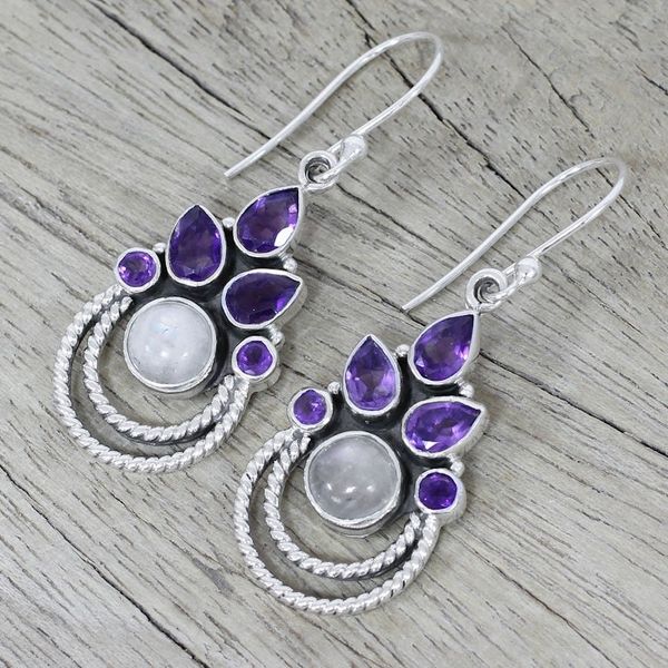 Alternate image for Amethyst and Rainbow Moonstone Dangle Earrings from India Exotic Crowns