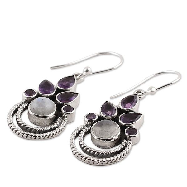 Alternate image for Amethyst and Rainbow Moonstone Dangle Earrings from India Exotic Crowns