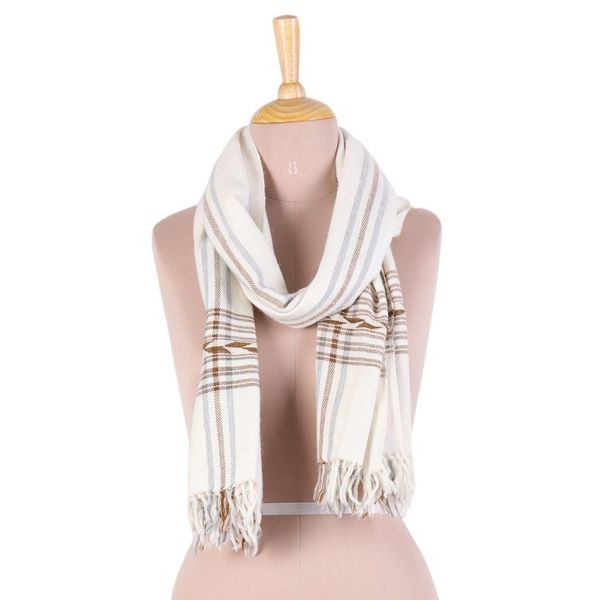 Alternate image for Wool Blend Cream Subtle Brown and Grey Striped Scarf Subtle