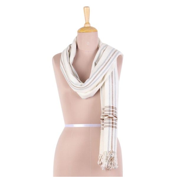 Alternate image for Wool Blend Cream Subtle Brown and Grey Striped Scarf Subtle