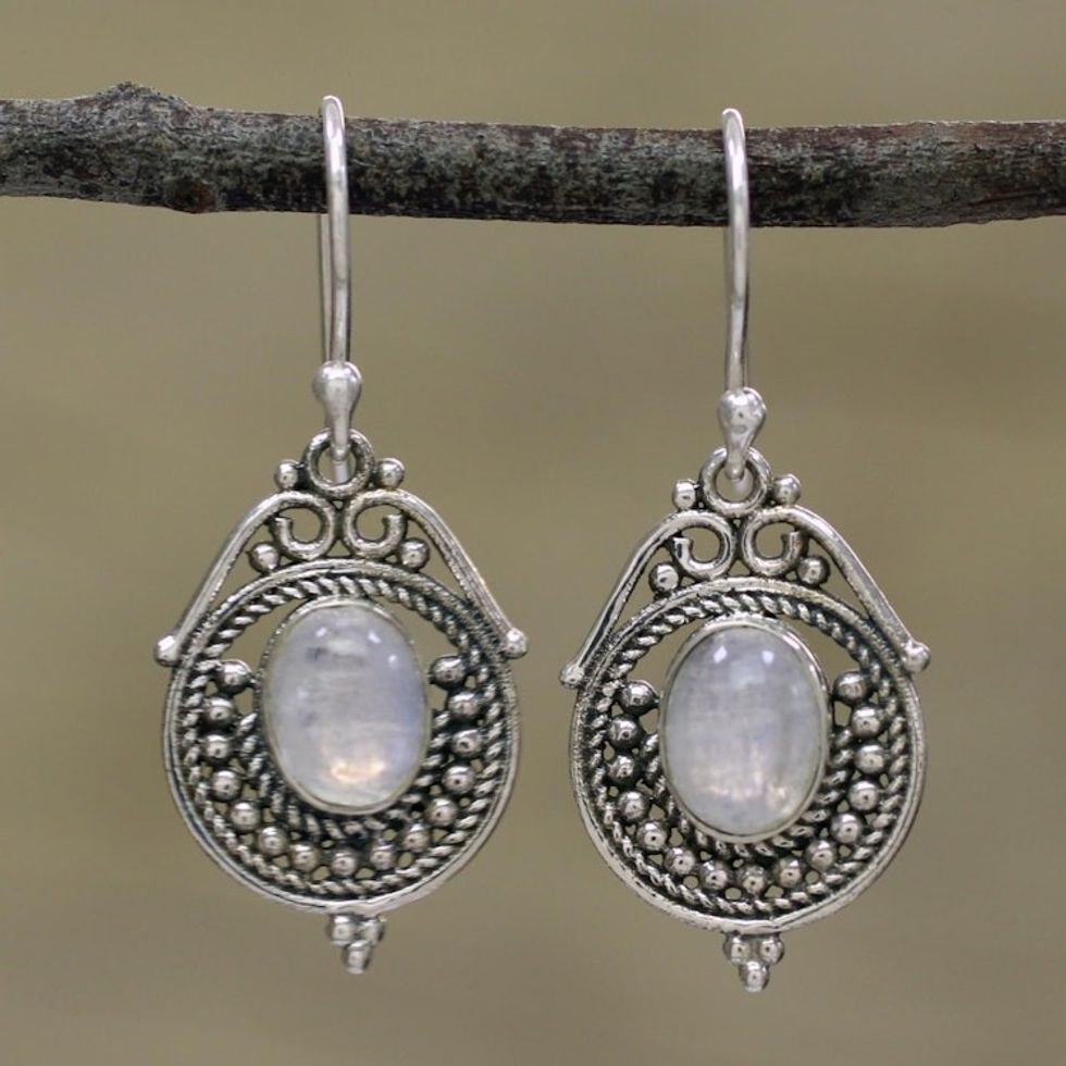 Rainbow Moonstone and Sterling Silver Earrings from India 'Majestic Circles'