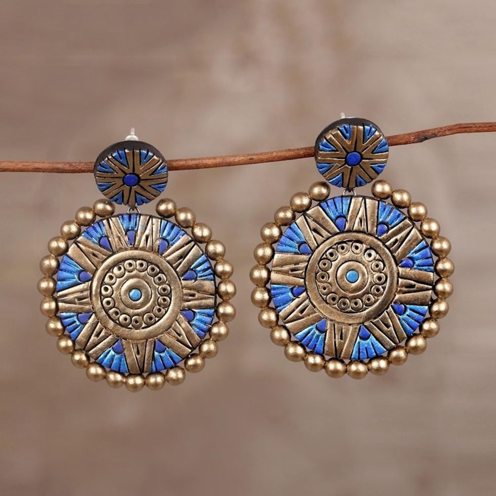 Blue and Gold Hand-Painted Floral Ceramic Dangle Earrings 'Floral Blue Chakra'