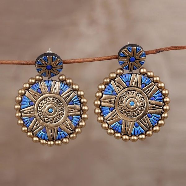Alternate image for Blue and Gold Hand-Painted Floral Ceramic Dangle Earrings Floral Blue Chakra
