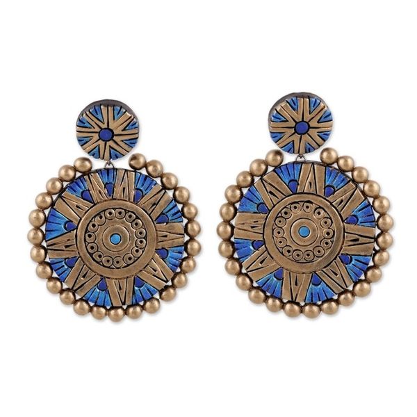 Alternate image for Blue and Gold Hand-Painted Floral Ceramic Dangle Earrings Floral Blue Chakra