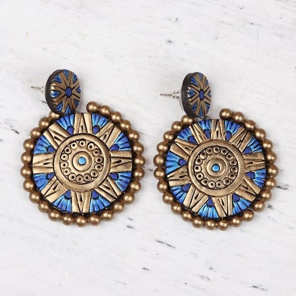 Alternate image for Blue and Gold Hand-Painted Floral Ceramic Dangle Earrings Floral Blue Chakra