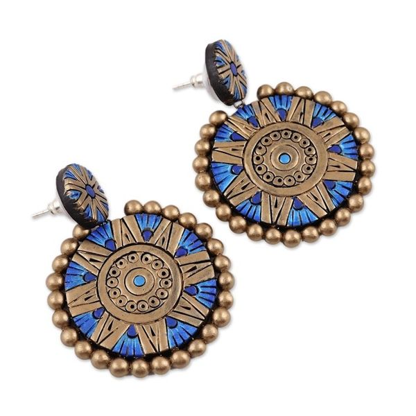 Alternate image for Blue and Gold Hand-Painted Floral Ceramic Dangle Earrings Floral Blue Chakra