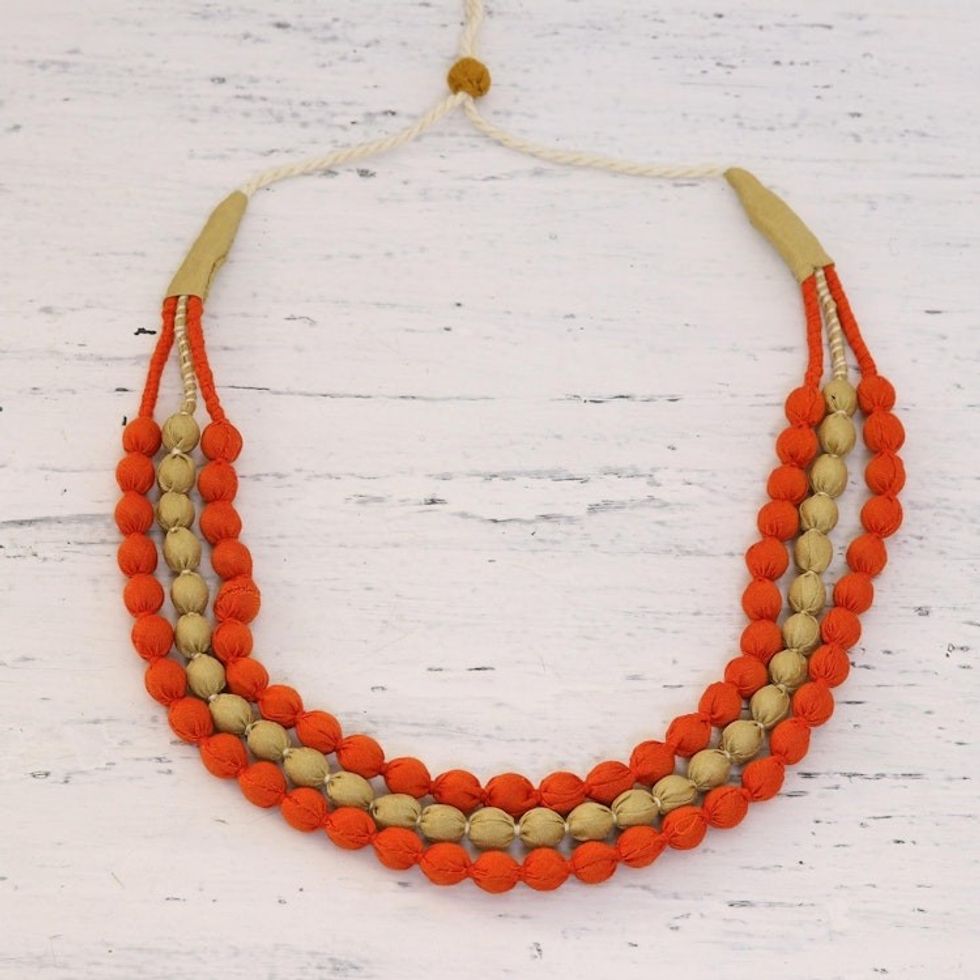 Handcrafted Multi-strand Fabric Wrapped Beaded Necklace 'Harmony in Orange'