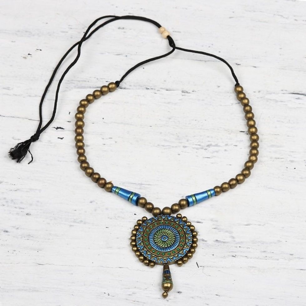 Hand-Painted Golden Peacock Ceramic Pendant Necklace 'Peacock Gold'