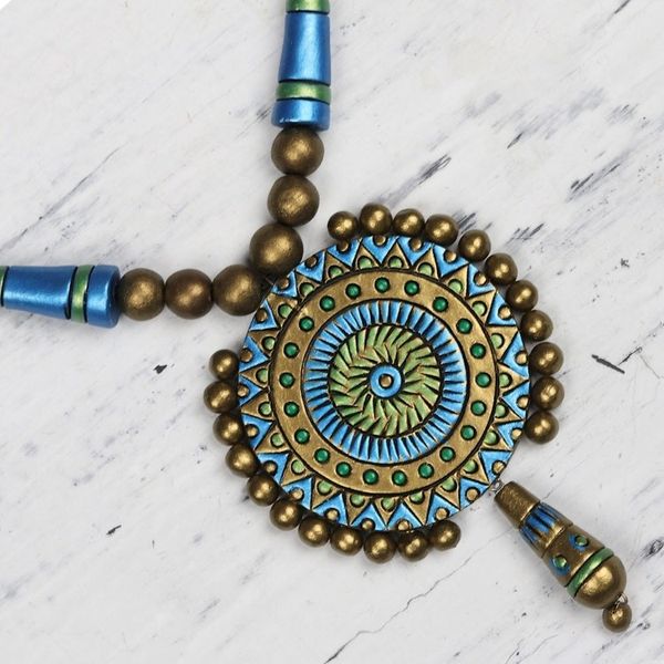 Alternate image for Hand-Painted Golden Peacock Ceramic Pendant Necklace Peacock Gold