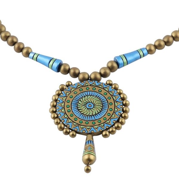 Alternate image for Hand-Painted Golden Peacock Ceramic Pendant Necklace Peacock Gold