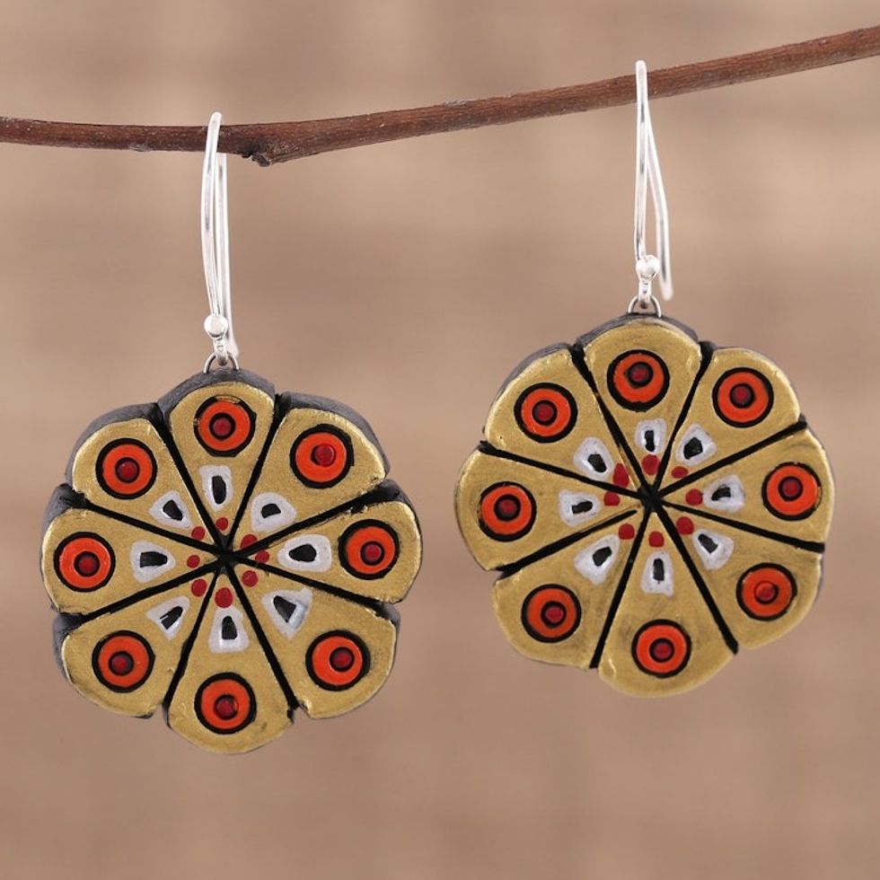 Hand Crafted Ceramic Dangle Earrings from India 'Golden Floral Abstraction'