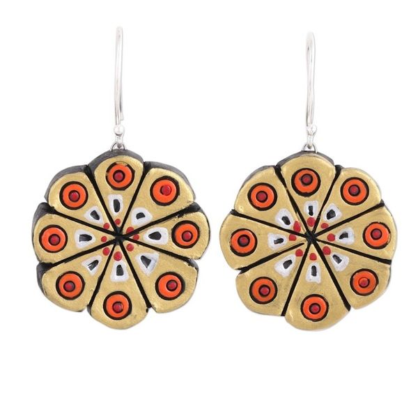 Alternate image for Hand Crafted Ceramic Dangle Earrings from India Golden Floral Abstraction