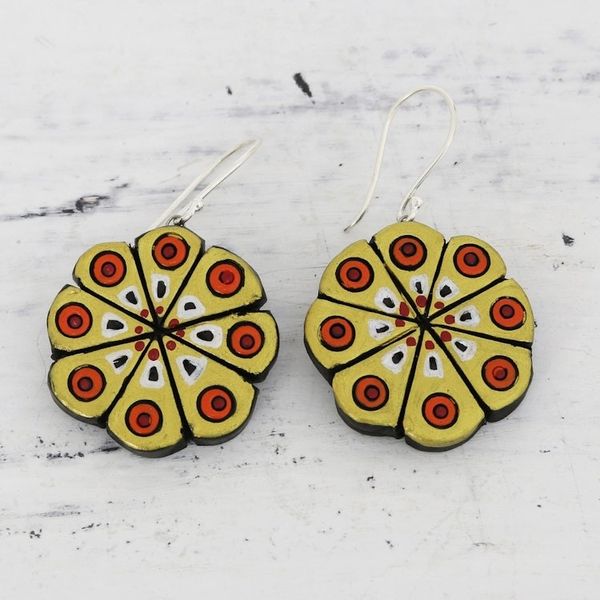 Alternate image for Hand Crafted Ceramic Dangle Earrings from India Golden Floral Abstraction