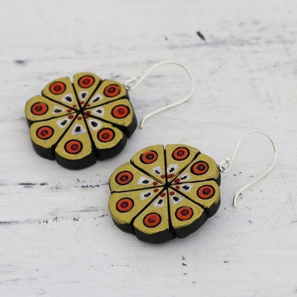 Alternate image for Hand Crafted Ceramic Dangle Earrings from India Golden Floral Abstraction
